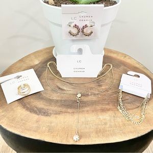NWT LC Lauren Conrad pink gold earrings flower layered necklace bracelets rings
